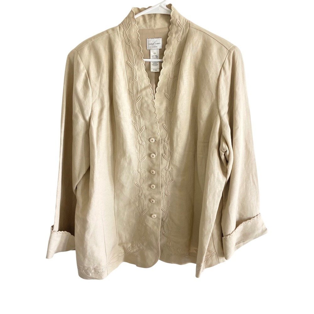 Emma James Woman Tan Linen Blend Embroidered Scallop Blazer Jacket 18W